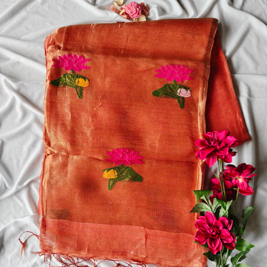 Tissue Silk Linen Saree with Lotus Motifs