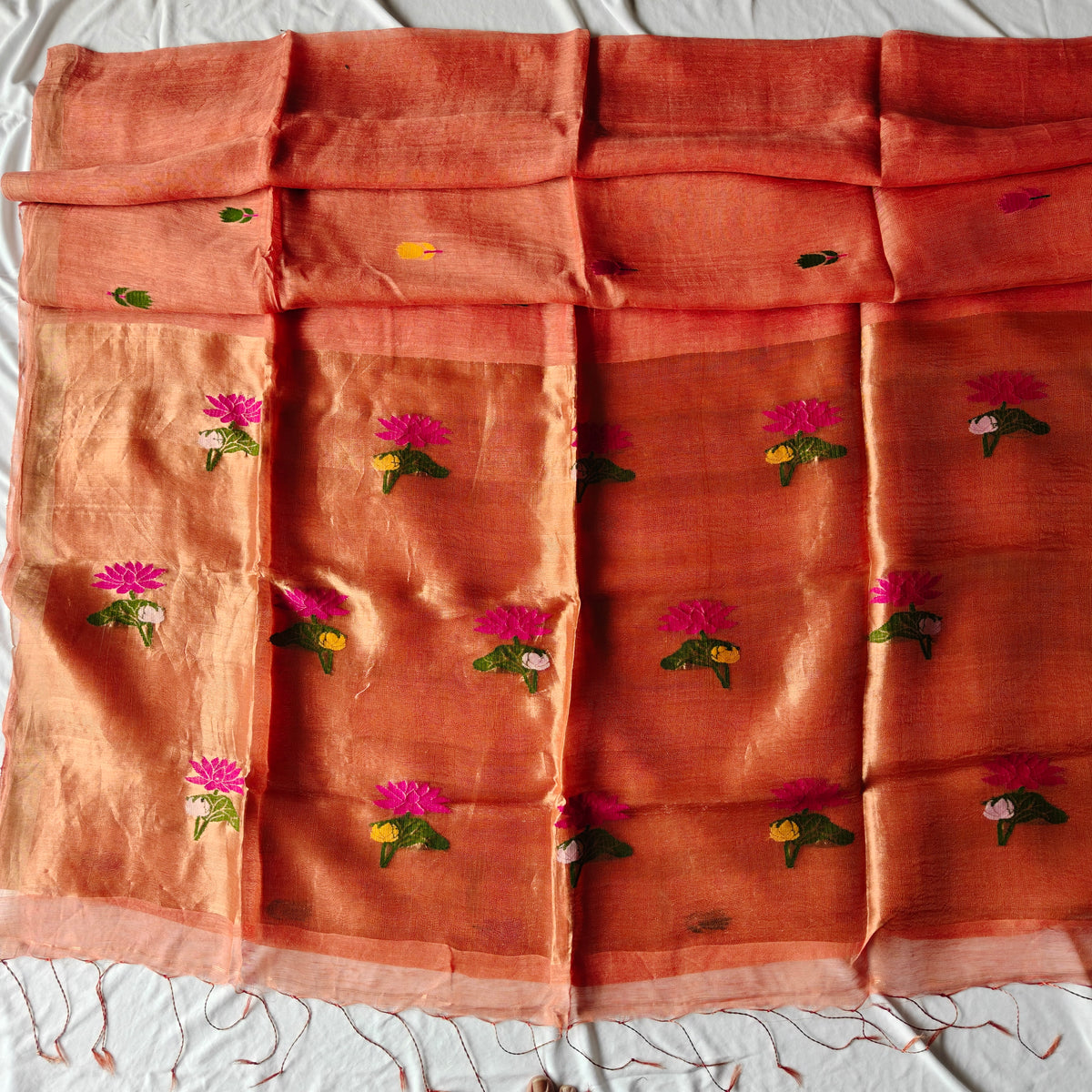 Tissue Silk Linen Saree with Lotus Motifs