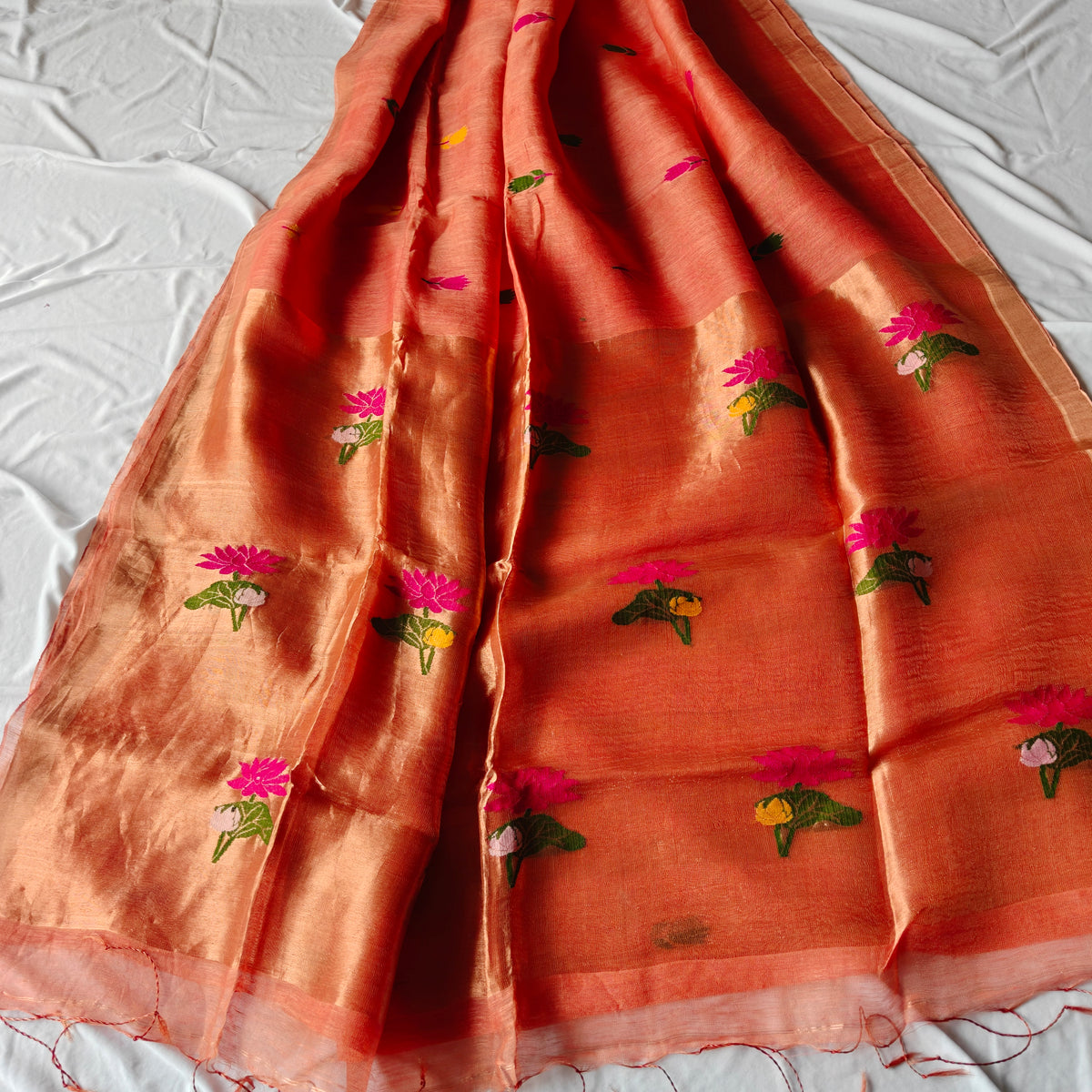 Tissue Silk Linen Saree with Lotus Motifs