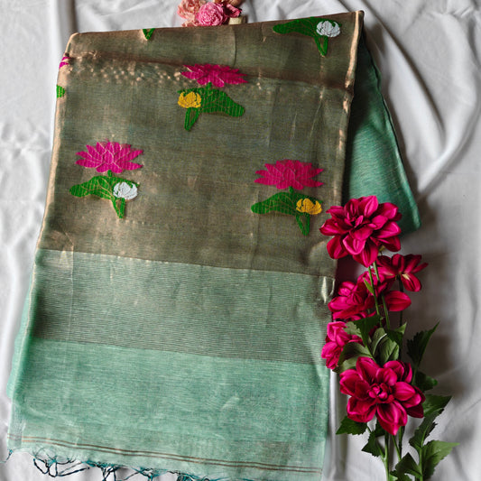 Elegant Tissue Silk linen saree With Lotus Motifs