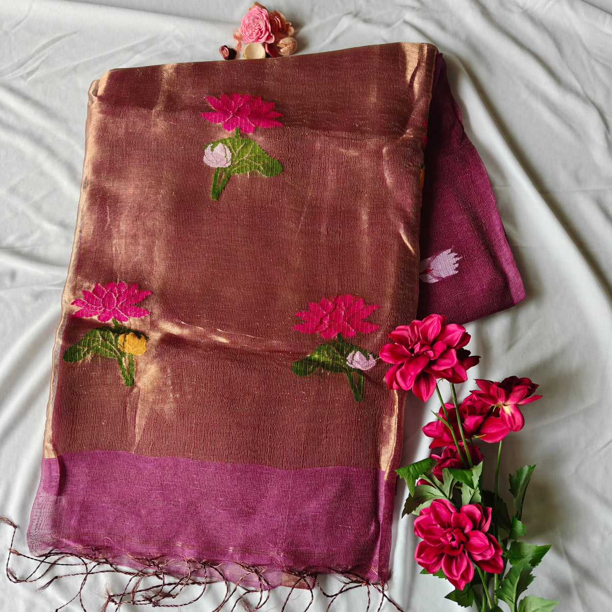 Tissue Silk linen saree with Lotus Motifs