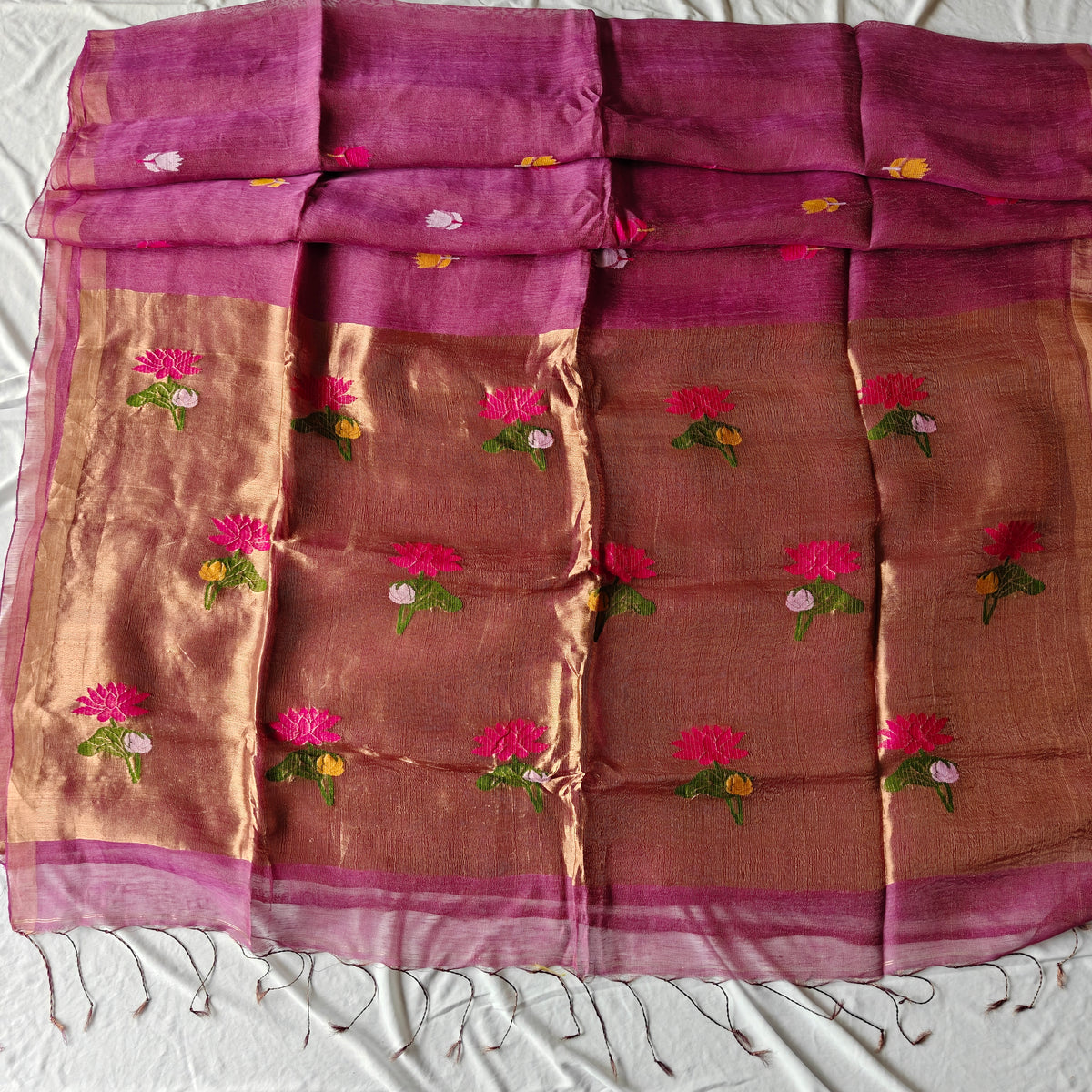 Tissue Silk linen saree with Lotus Motifs