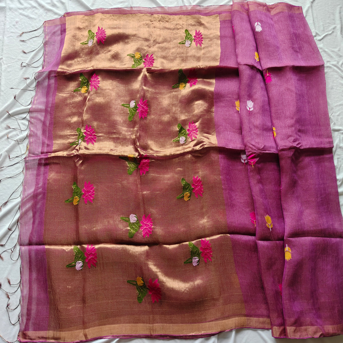 Tissue Silk linen saree with Lotus Motifs