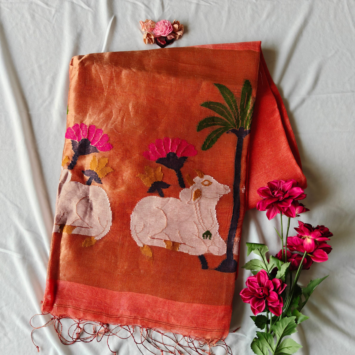 Pichwai Design Tissue Silk Linen Saree with Lotus and Cow Motifs