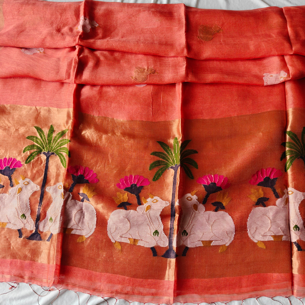 Pichwai Design Tissue Silk Linen Saree with Lotus and Cow Motifs