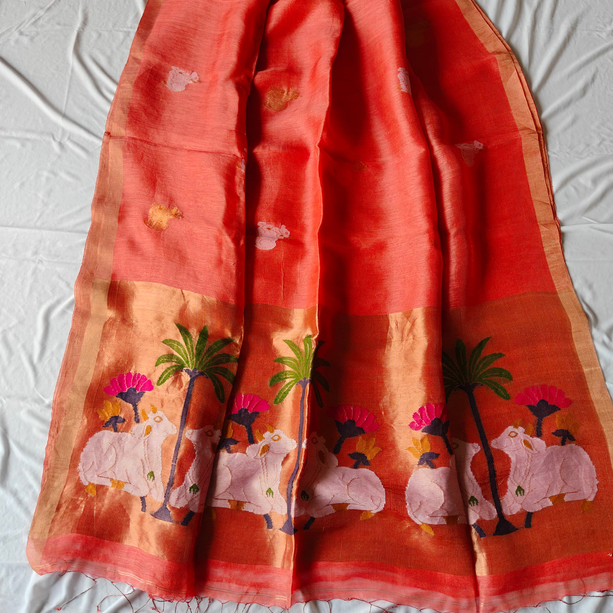 Pichwai Design Tissue Silk Linen Saree with Lotus and Cow Motifs