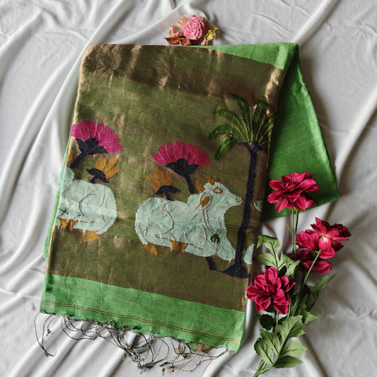 Pichwai Design Tissue Silk Linen Saree with Lotus and Cow Motifs