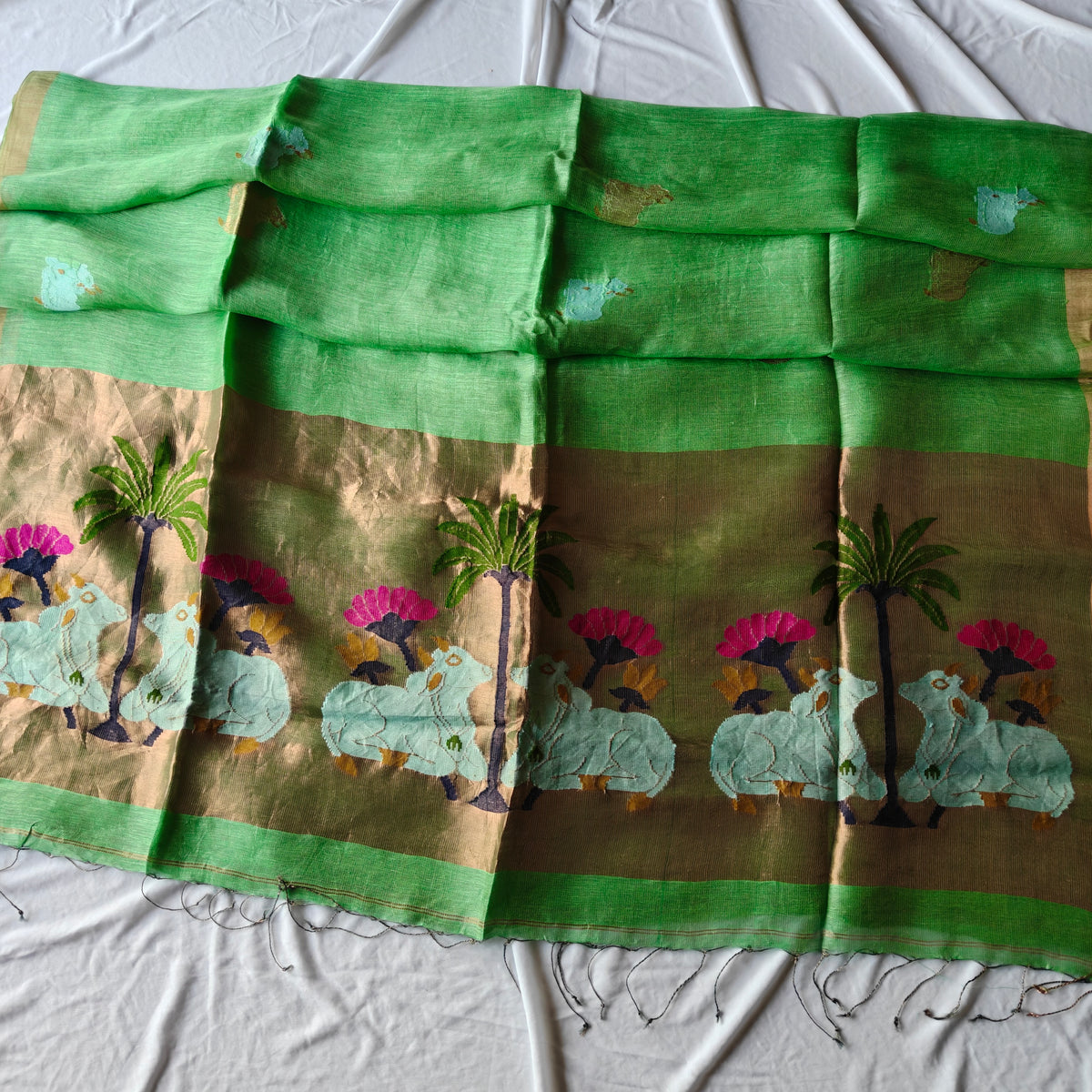 Pichwai Design Tissue Silk Linen Saree with Lotus and Cow Motifs