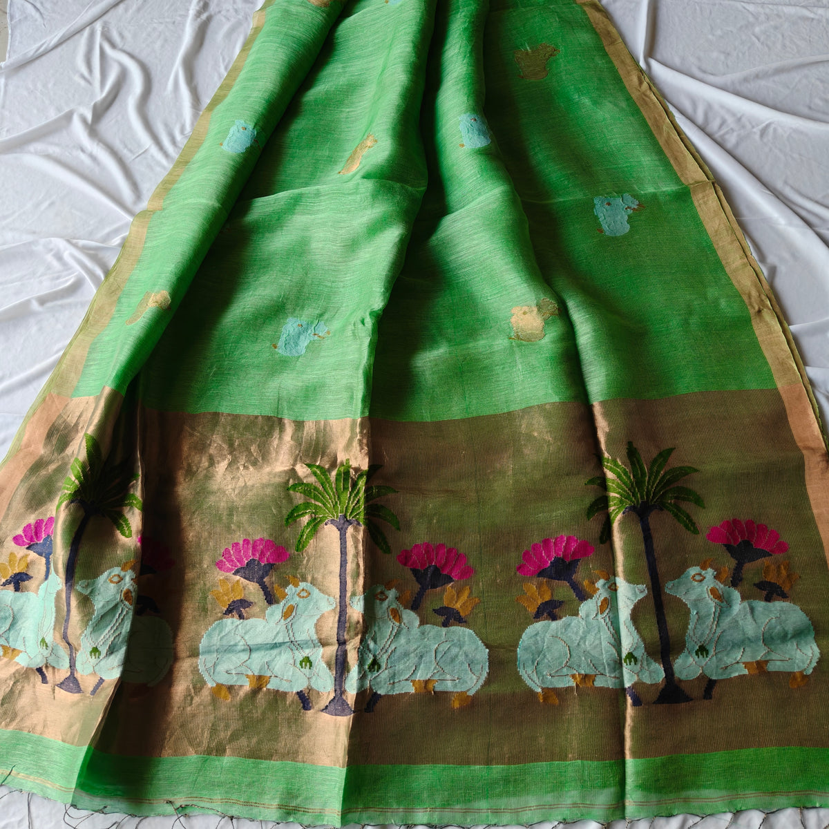 Pichwai Design Tissue Silk Linen Saree with Lotus and Cow Motifs