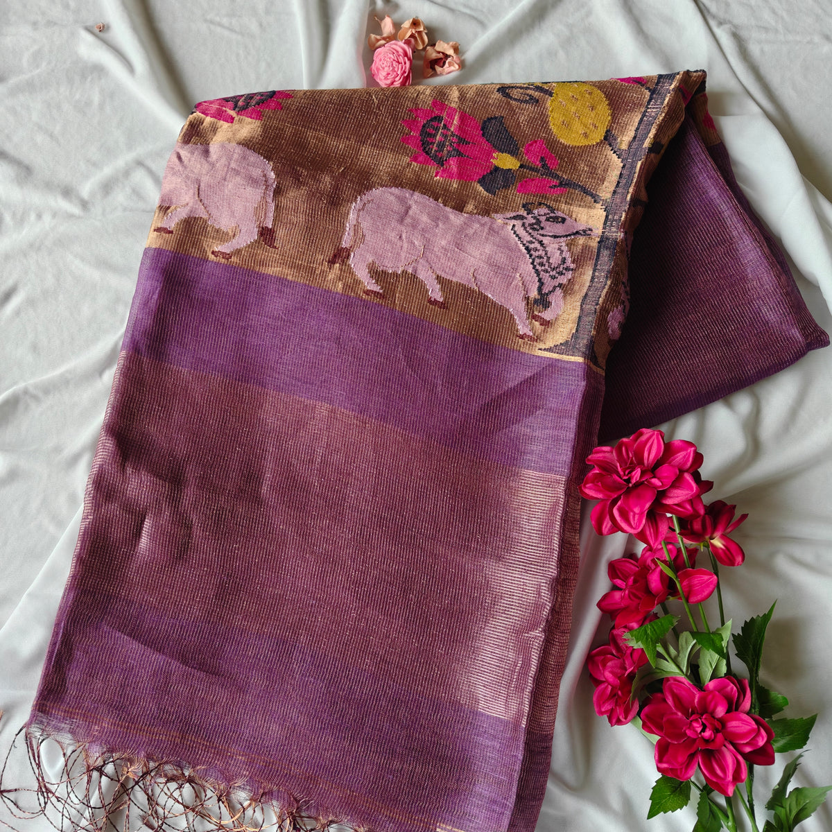 Traditional Tissue Muslin Silk Linen Saree  in Pichwai, Paithani Weave
