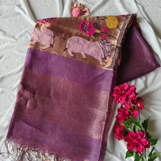 Traditional Tissue Muslin Silk Linen Saree  in Pichwai, Paithani Weave