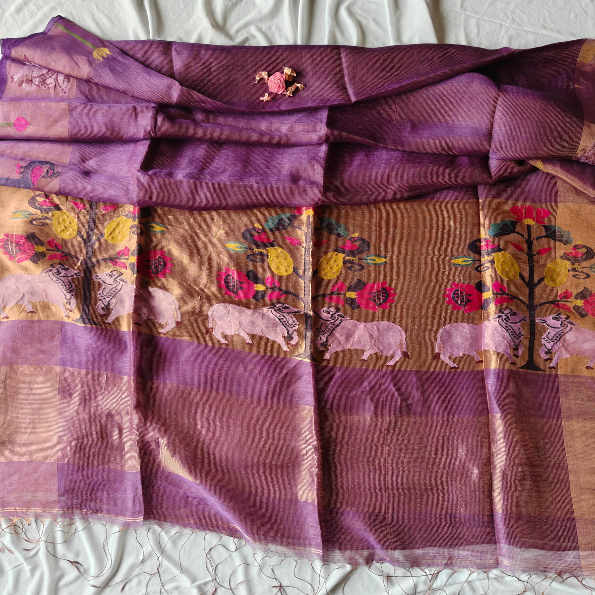 Traditional Tissue Muslin Silk Linen Saree  in Pichwai, Paithani Weave