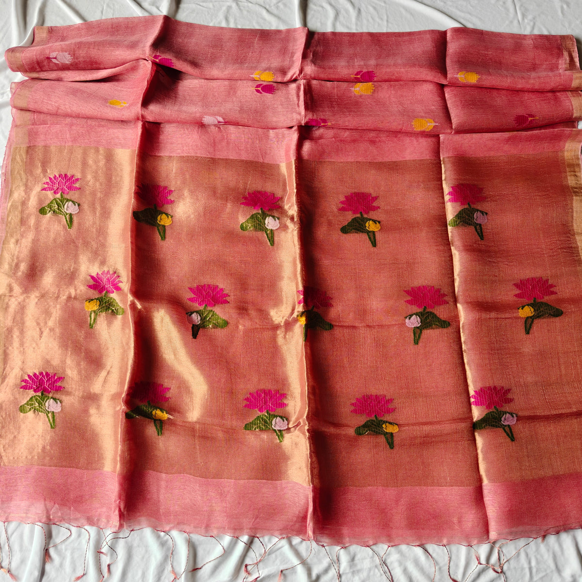 Tissue Silk linen saree with Lotus Motifs