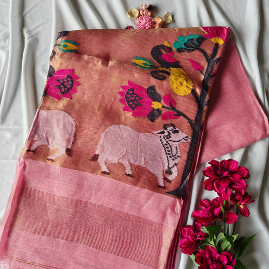 Tissue Muslin Silk Linen Saree with rich Pichwai, Paithani Pallu and Borders