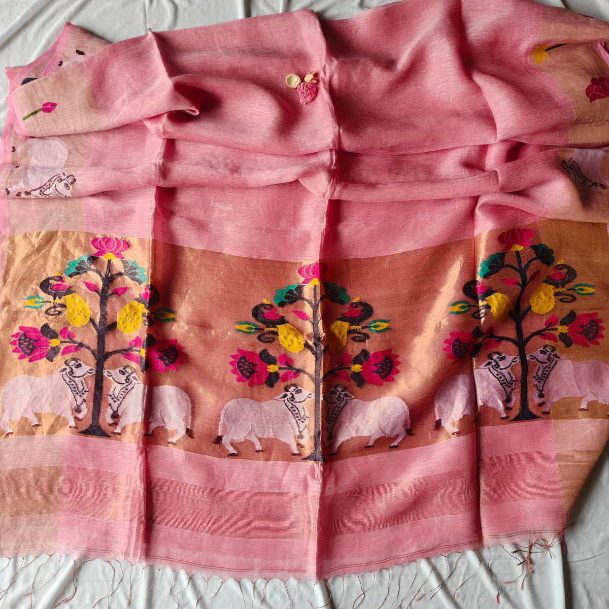 Tissue Muslin Silk Linen Saree with rich Pichwai, Paithani Pallu and Borders