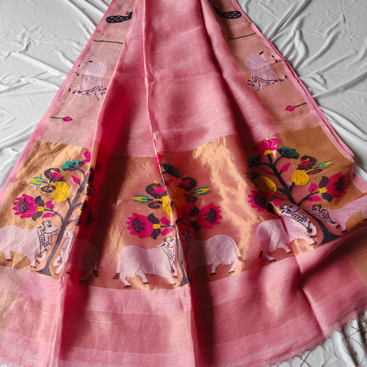 Tissue Muslin Silk Linen Saree with rich Pichwai, Paithani Pallu and Borders
