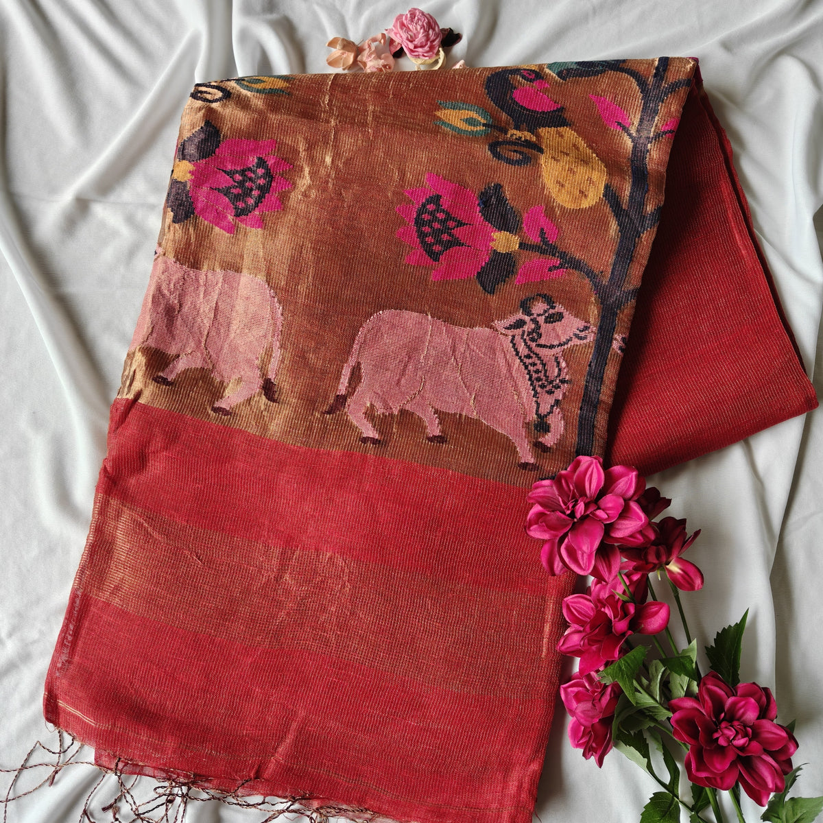 Tissue Muslin Silk Linen Saree with rich PIchwai, Paithani Pallu and Borders