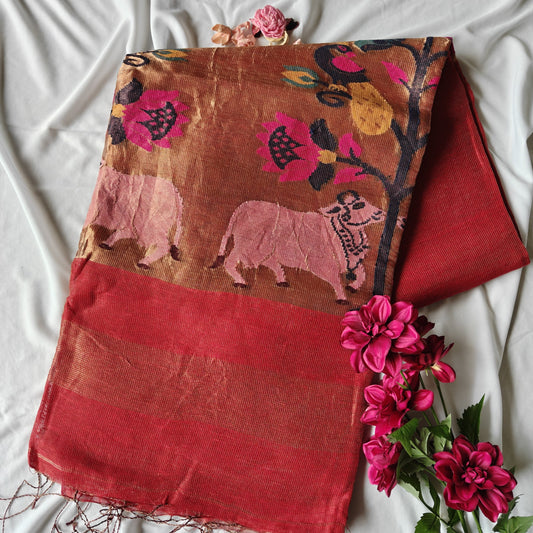 Tissue Muslin Silk Linen Saree with rich PIchwai, Paithani Pallu and Borders