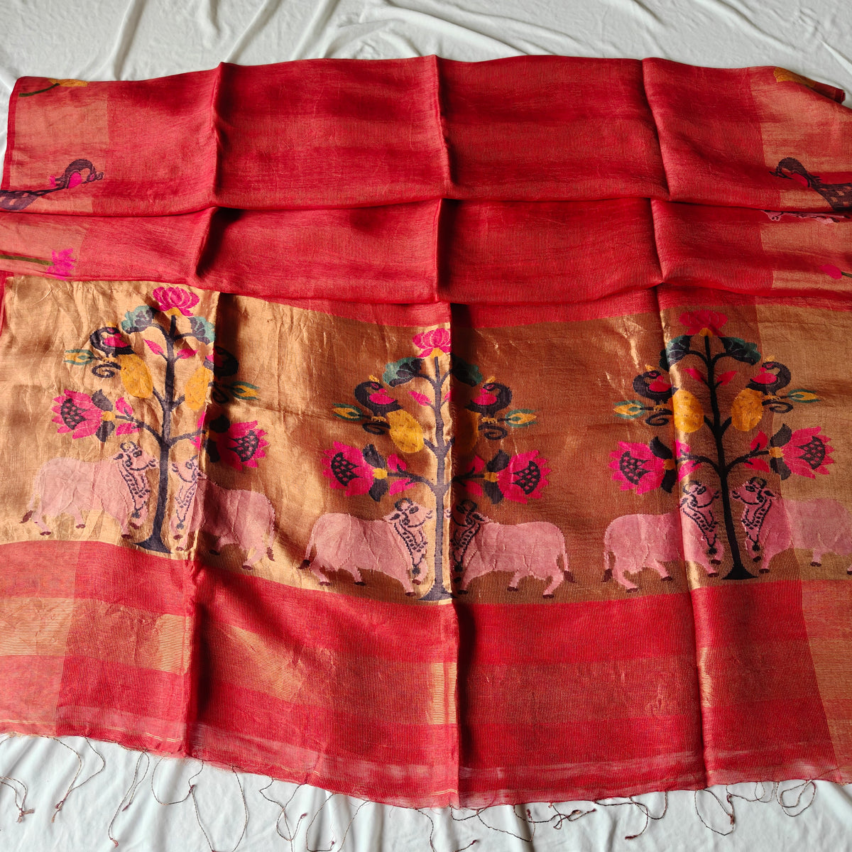 Tissue Muslin Silk Linen Saree with rich PIchwai, Paithani Pallu and Borders