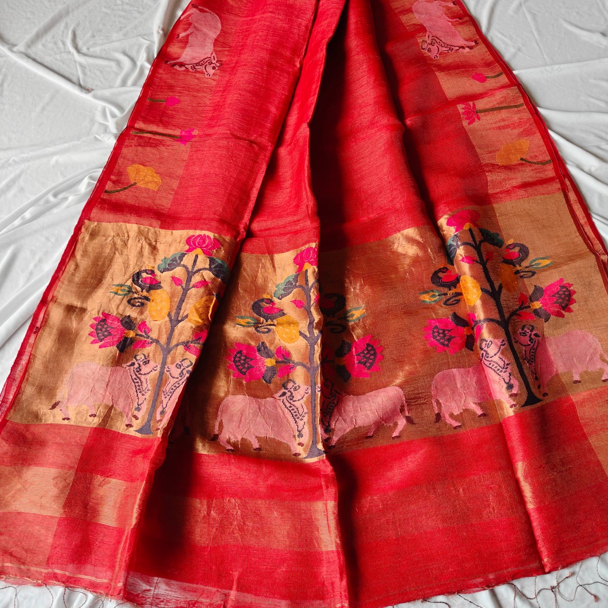 Tissue Muslin Silk Linen Saree with rich PIchwai, Paithani Pallu and Borders