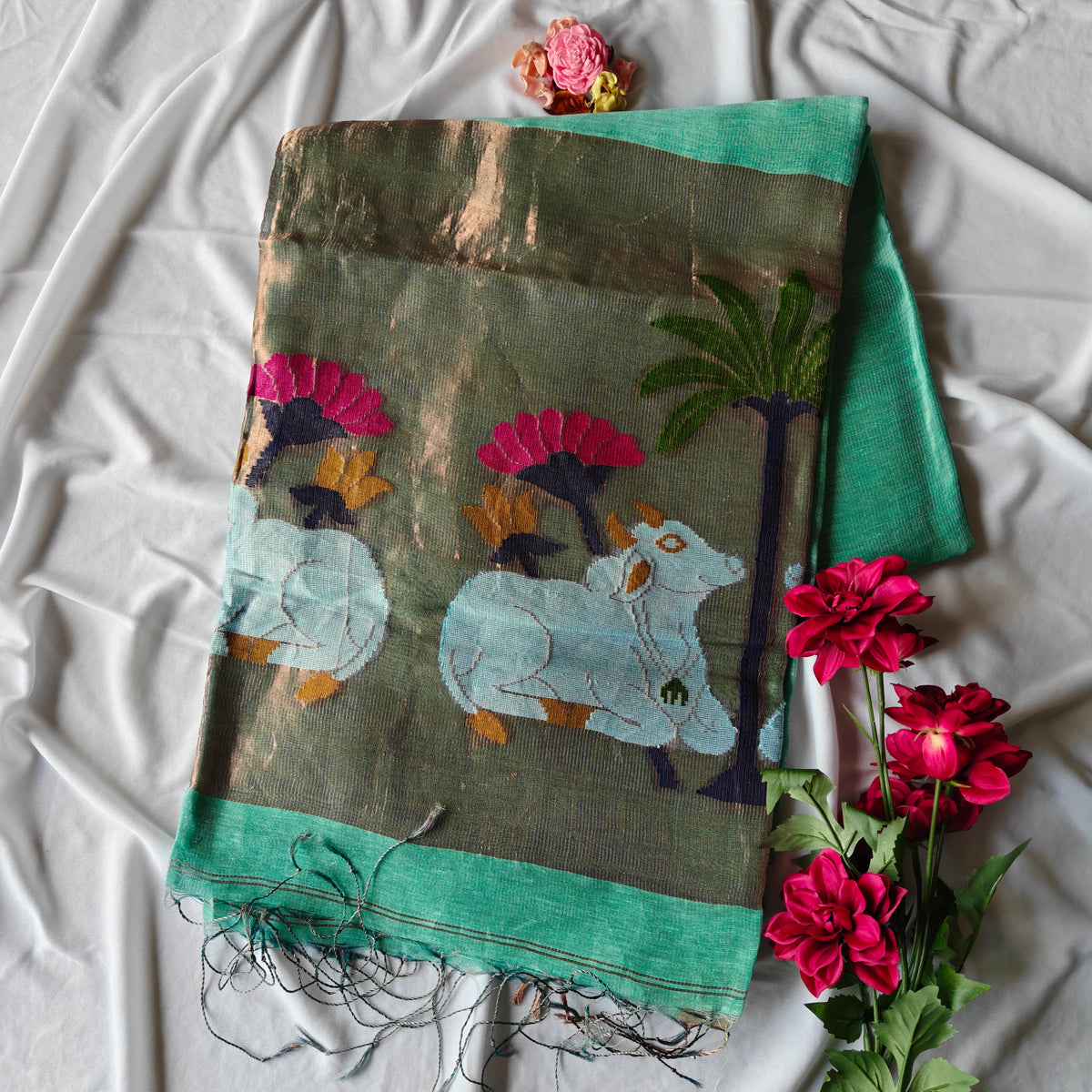 Pichwai Design Tissue Silk Linen Saree with Lotus and Cow Motifs