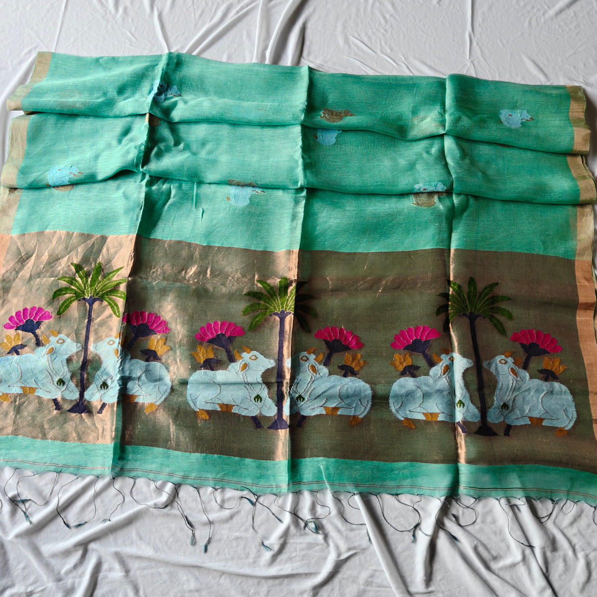 Pichwai Design Tissue Silk Linen Saree with Lotus and Cow Motifs