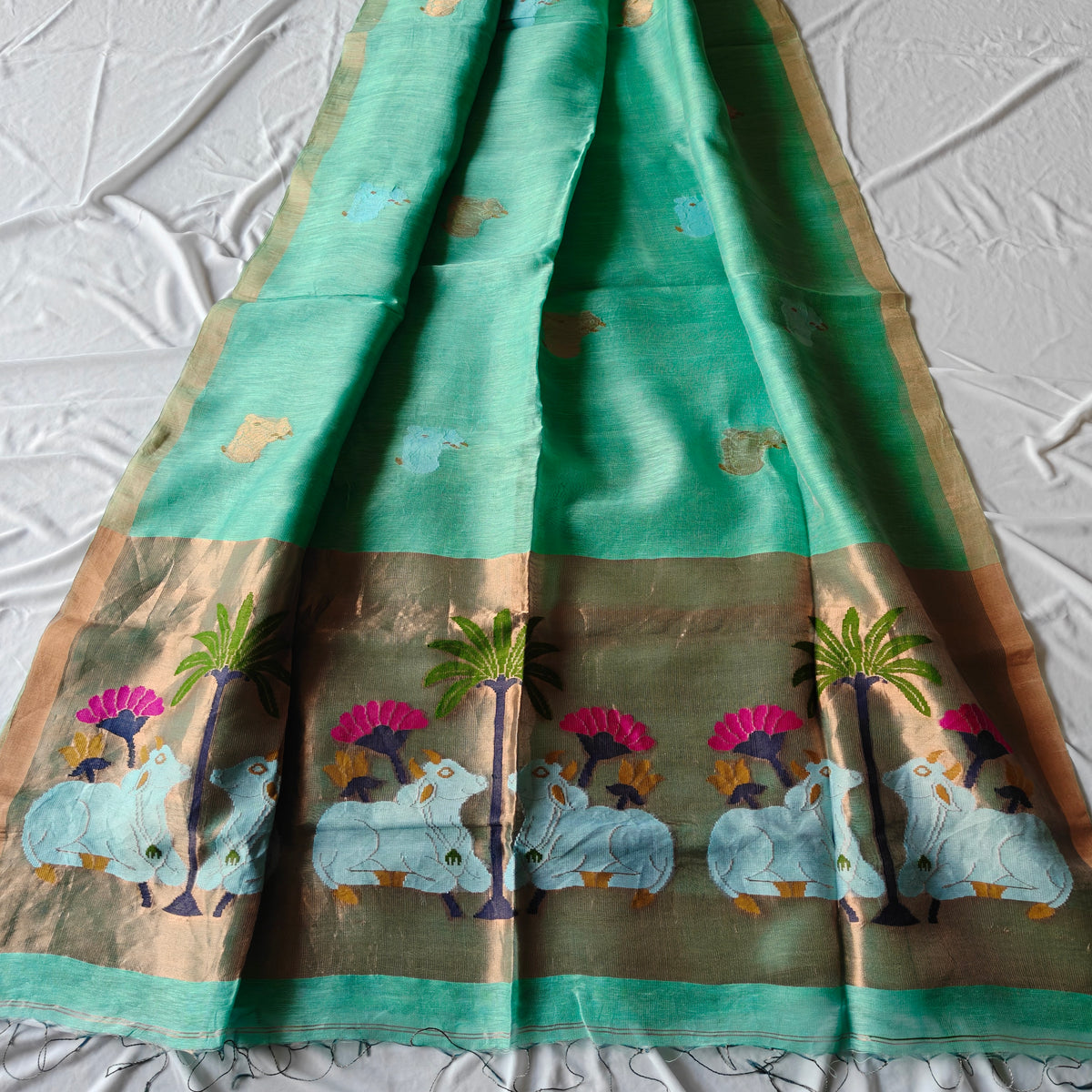Pichwai Design Tissue Silk Linen Saree with Lotus and Cow Motifs