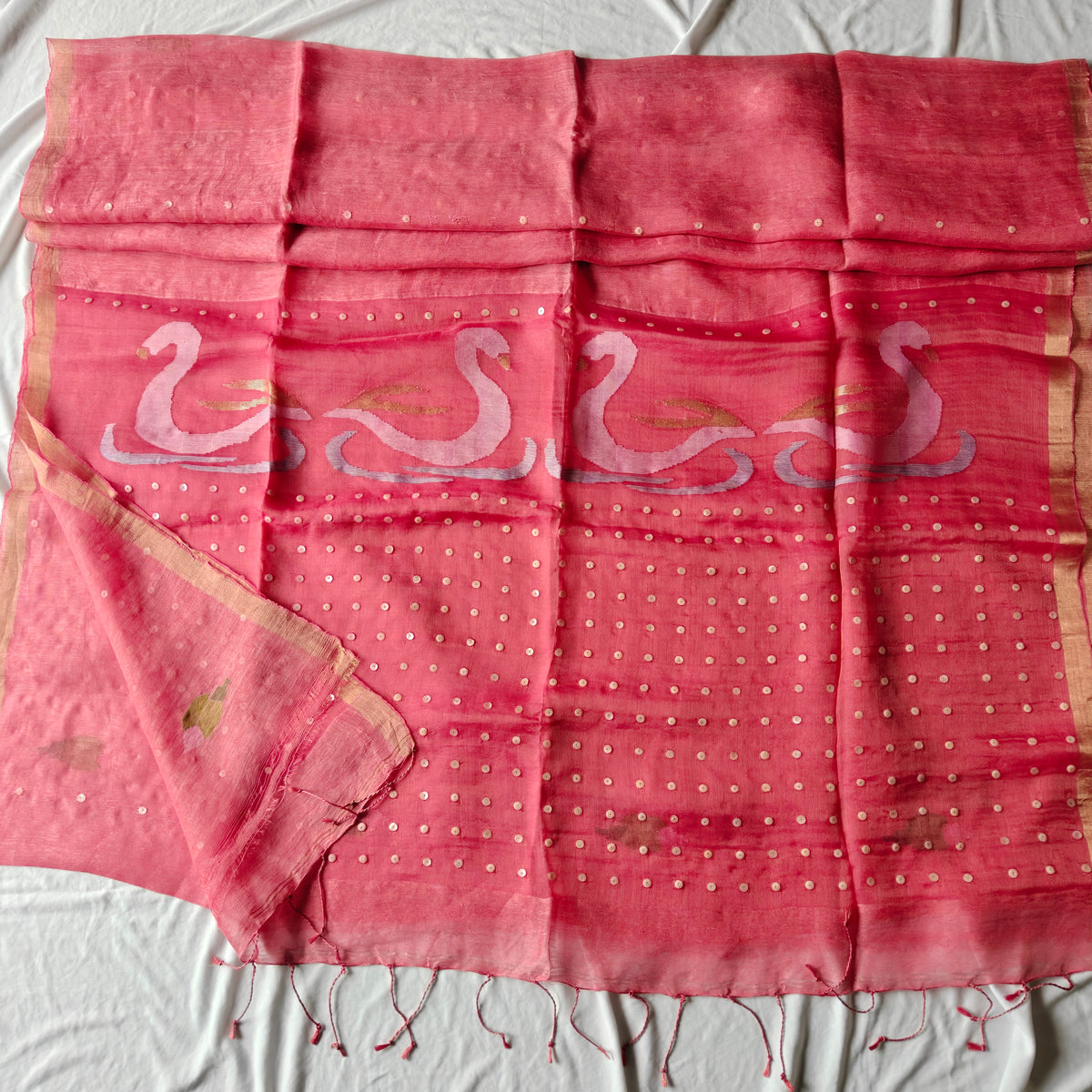 Seashell work Tissue Muslin Silk Linen Saree with Jamdani work