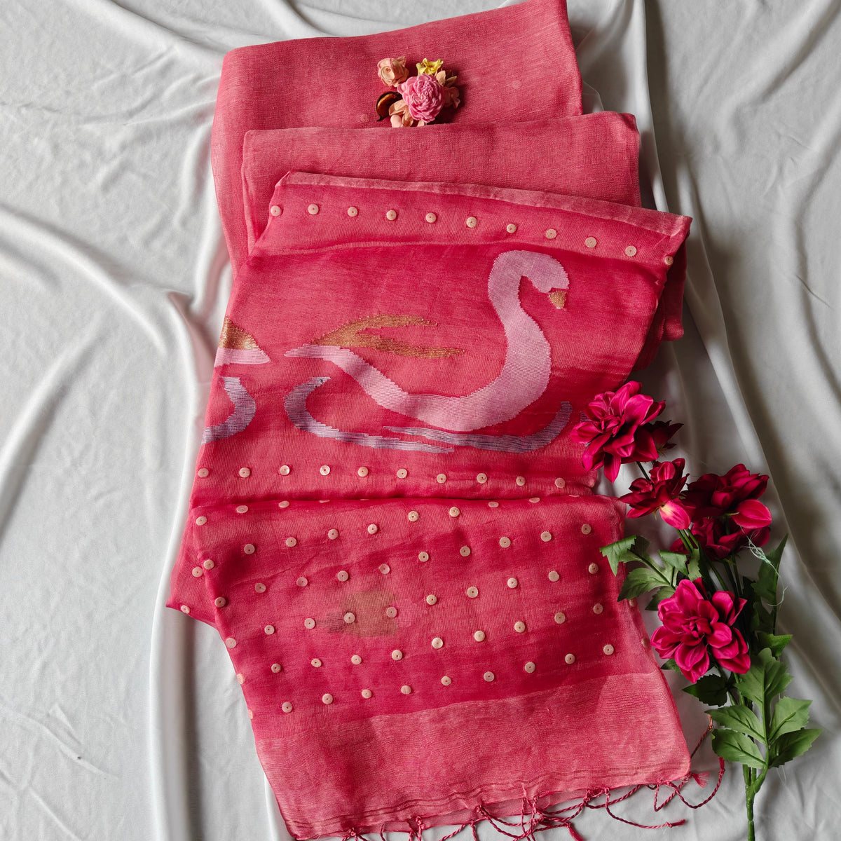Seashell work Tissue Muslin Silk Linen Saree with Jamdani work