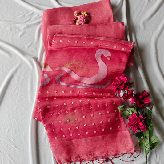 Seashell work Tissue Muslin Silk Linen Saree with Jamdani work