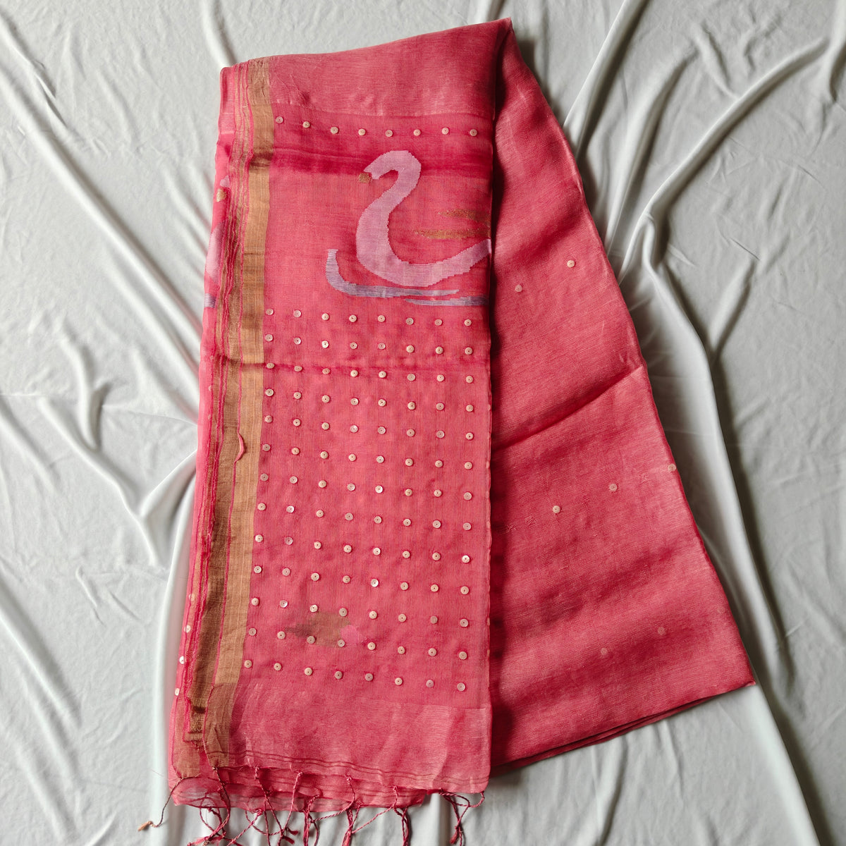 Seashell work Tissue Muslin Silk Linen Saree with Jamdani work
