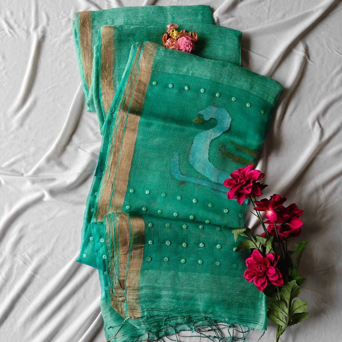 Seashell work Jamdani Tissue Muslin Silk Linen Saree
