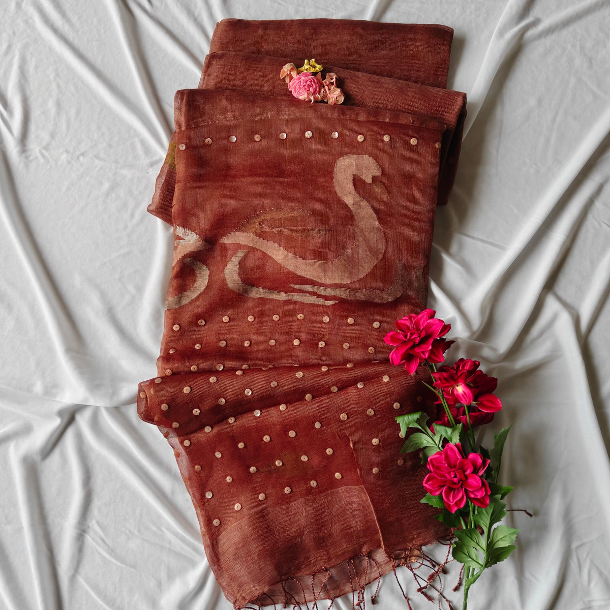 Seashell work Tissue Muslin Silk Linen Saree with Jamdani work