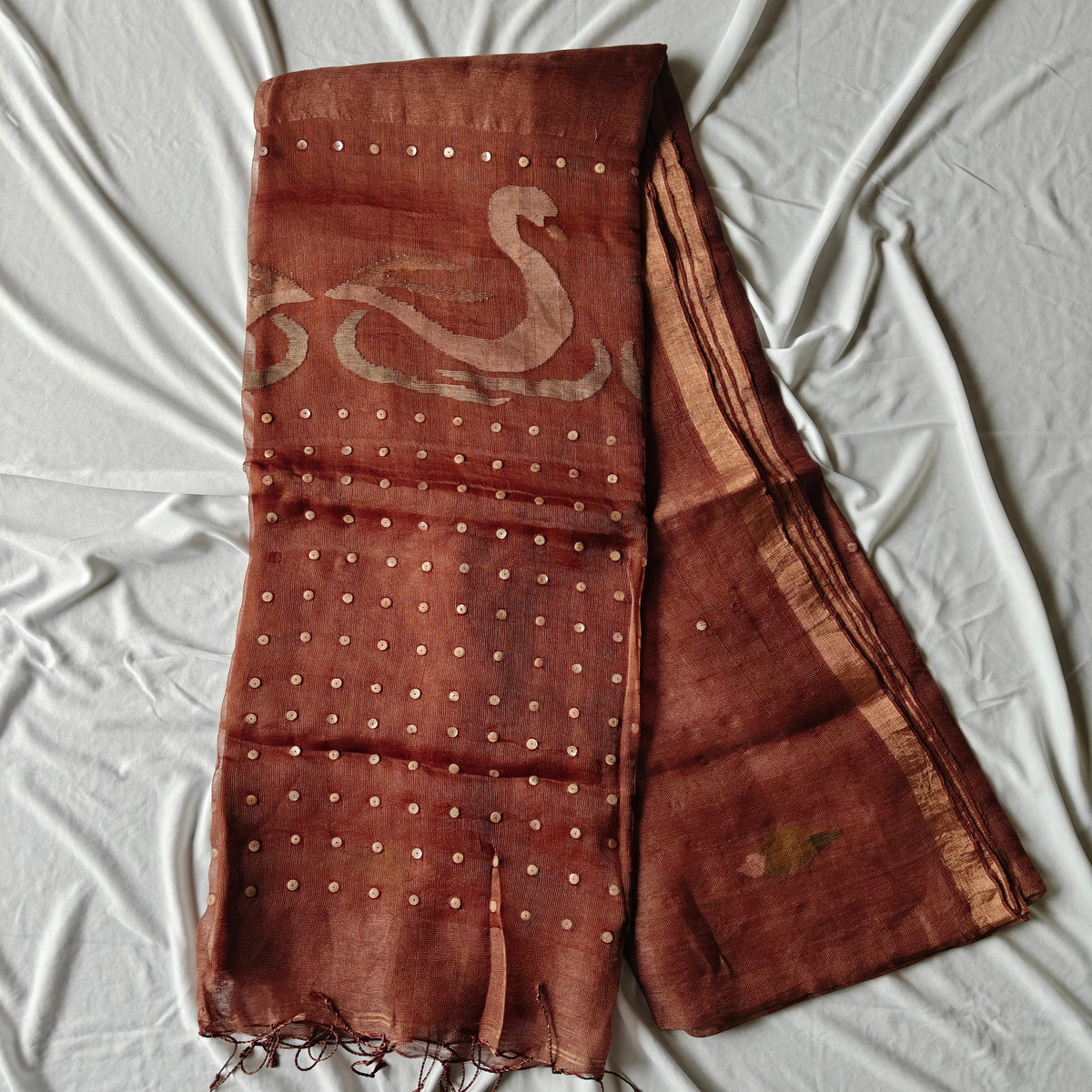 Seashell work Tissue Muslin Silk Linen Saree with Jamdani work