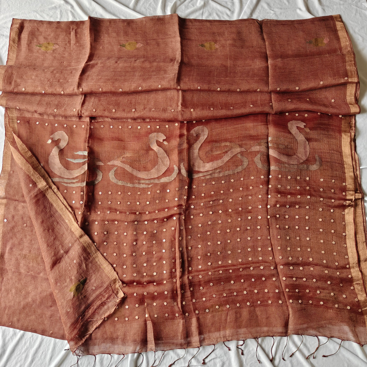 Seashell work Tissue Muslin Silk Linen Saree with Jamdani work