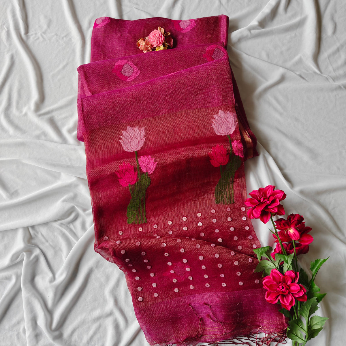 Seashell work Tissue Muslin Silk Linen Saree with Lotus Buds and Flower Motifs