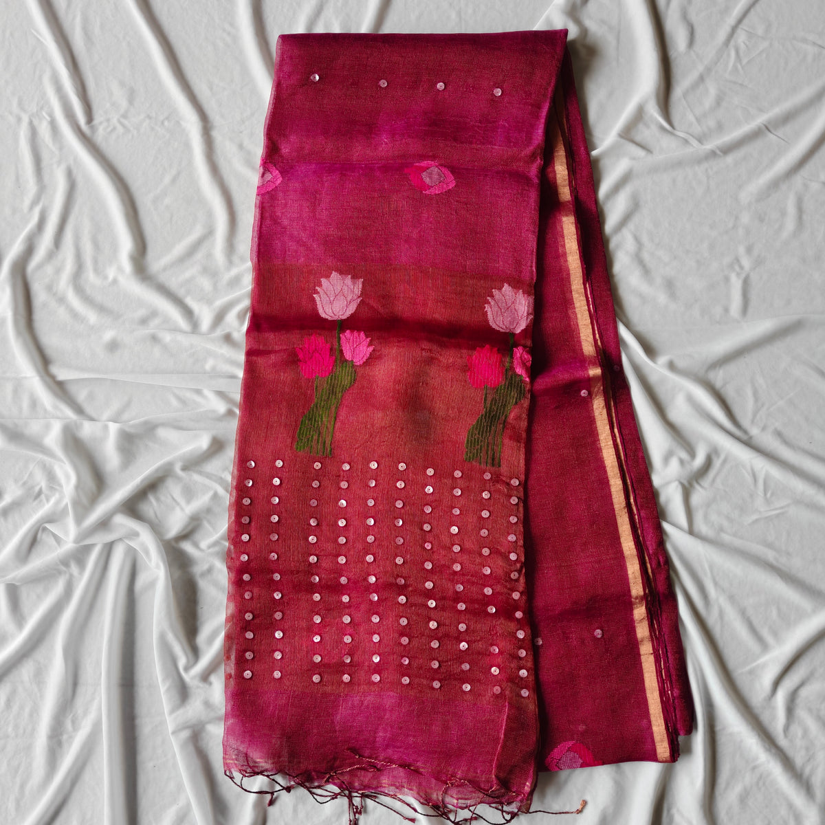 Seashell work Tissue Muslin Silk Linen Saree with Lotus Buds and Flower Motifs