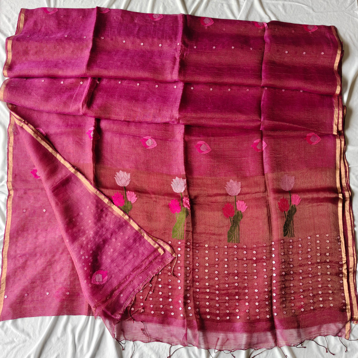 Seashell work Tissue Muslin Silk Linen Saree with Lotus Buds and Flower Motifs