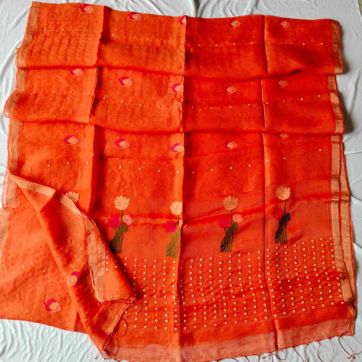 Seashell work Tissue Muslin Silk Linen Saree with Lotus Buds and Flower Motifs