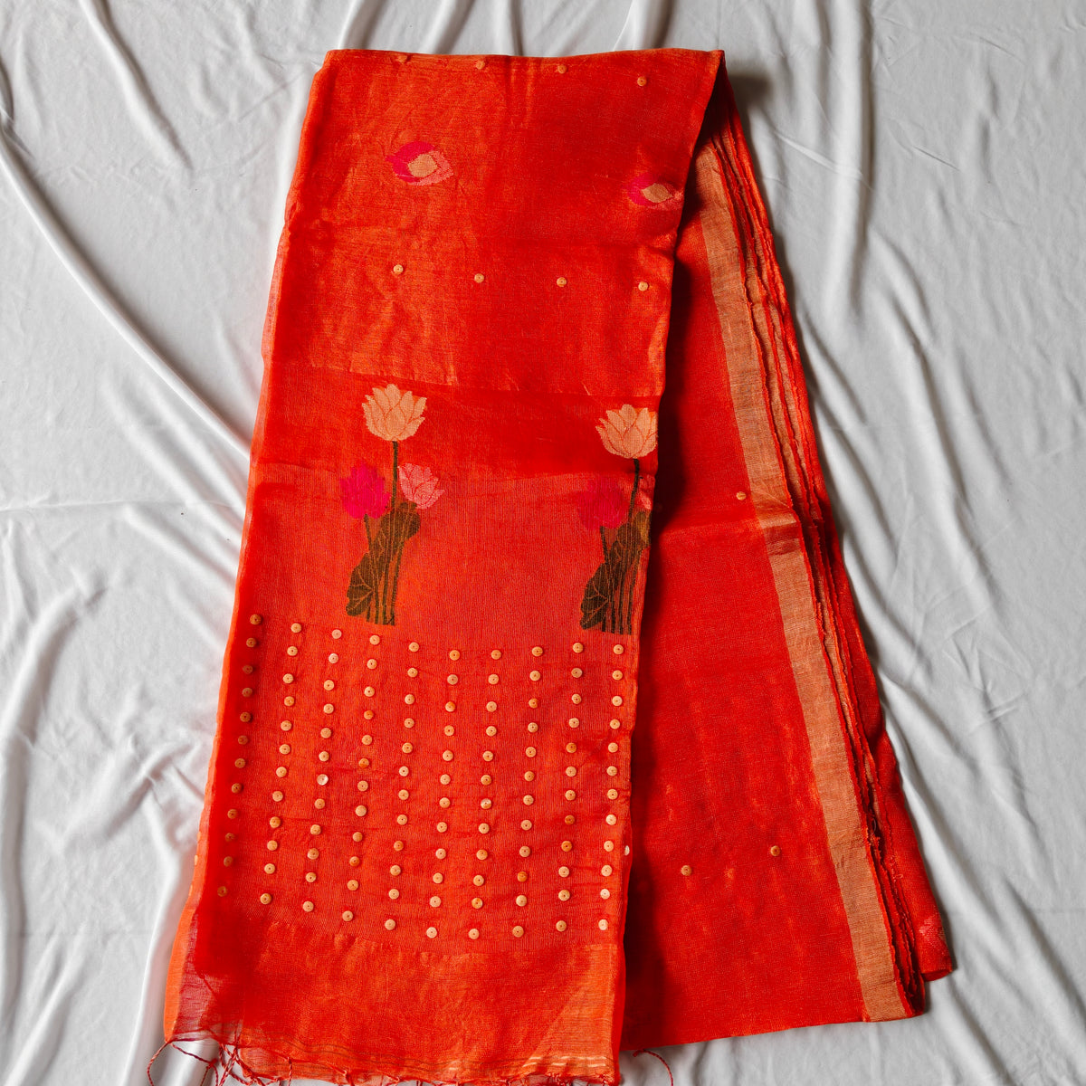 Seashell work Tissue Muslin Silk Linen Saree with Lotus Buds and Flower Motifs