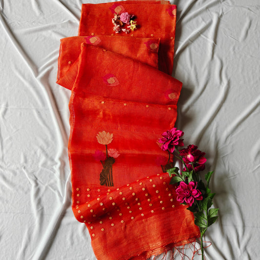 Seashell work Tissue Muslin Silk Linen Saree with Lotus Buds and Flower Motifs