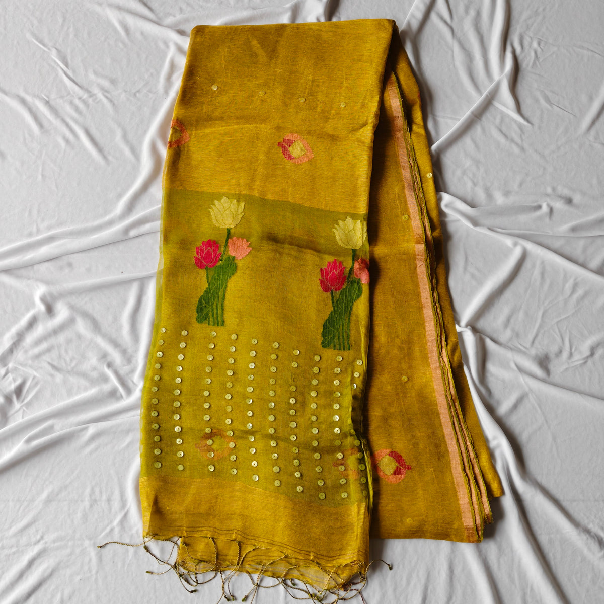 Seashell work Tissue Muslin Silk Linen Saree with Lotus Buds and Flower Motifs