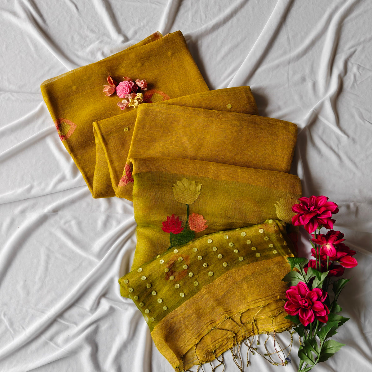 Seashell work Tissue Muslin Silk Linen Saree with Lotus Buds and Flower Motifs