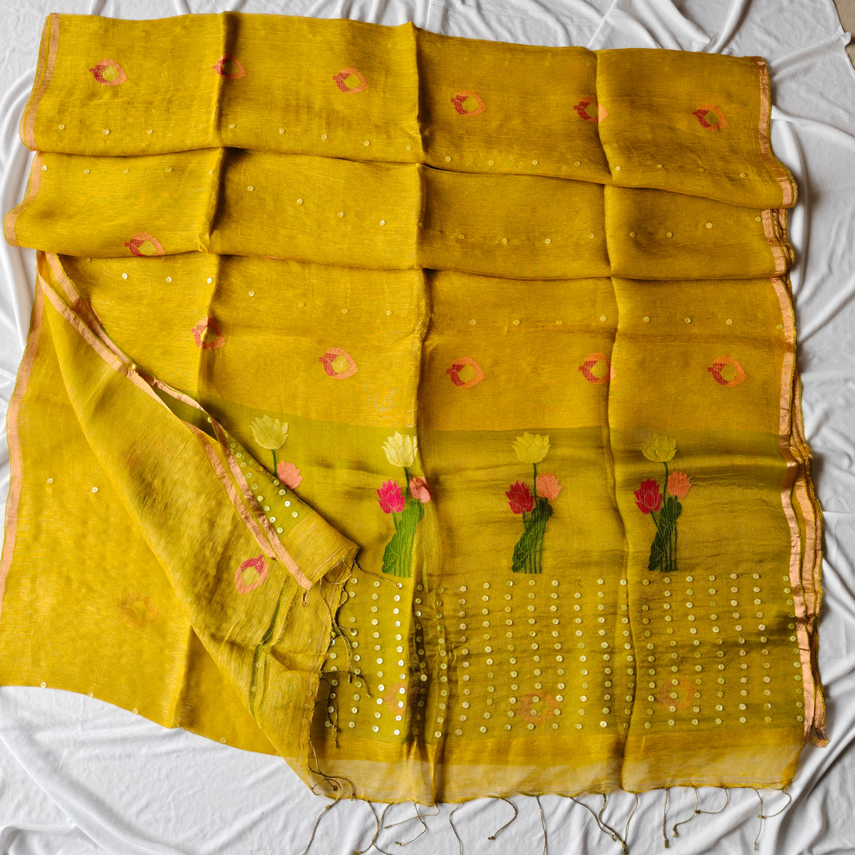 Seashell work Tissue Muslin Silk Linen Saree with Lotus Buds and Flower Motifs