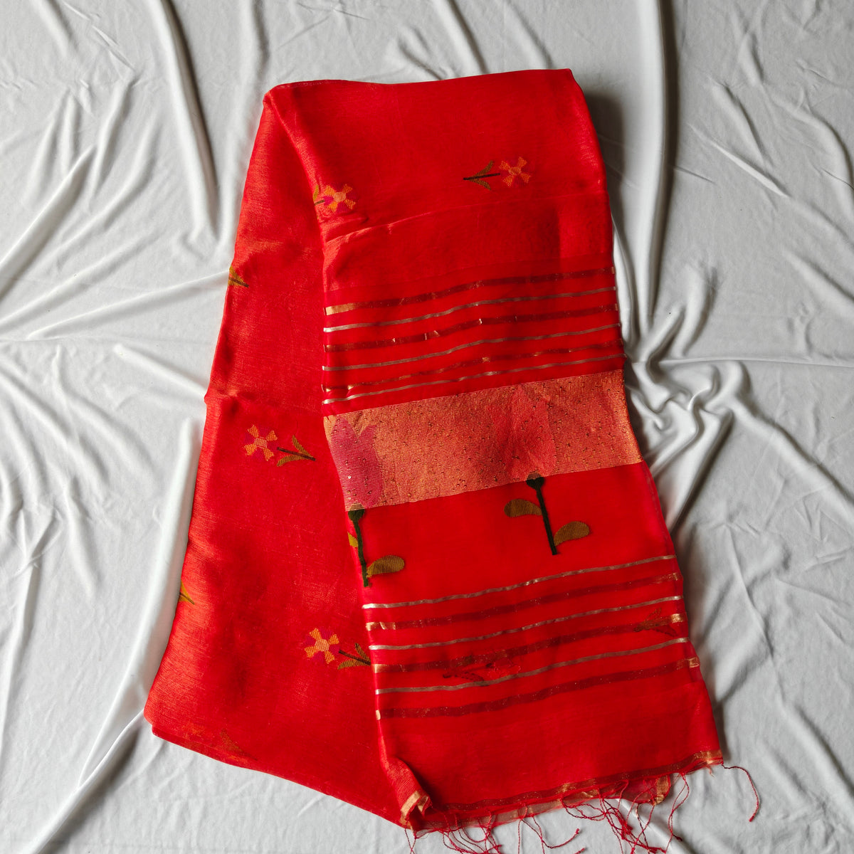 Tissue Muslin Silk Linen Saree with Zari Lines and Tulip Motifs