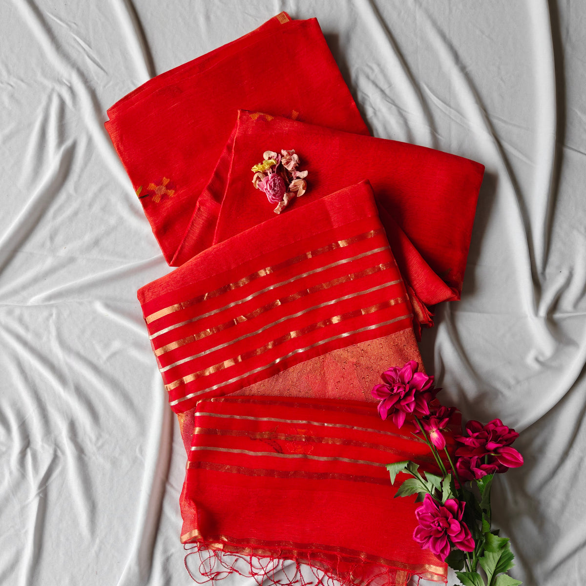 Tissue Muslin Silk Linen Saree with Zari Lines and Tulip Motifs