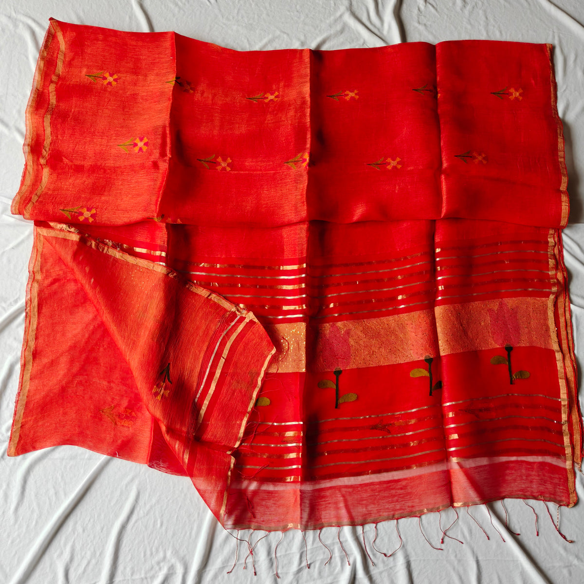 Tissue Muslin Silk Linen Saree with Zari Lines and Tulip Motifs