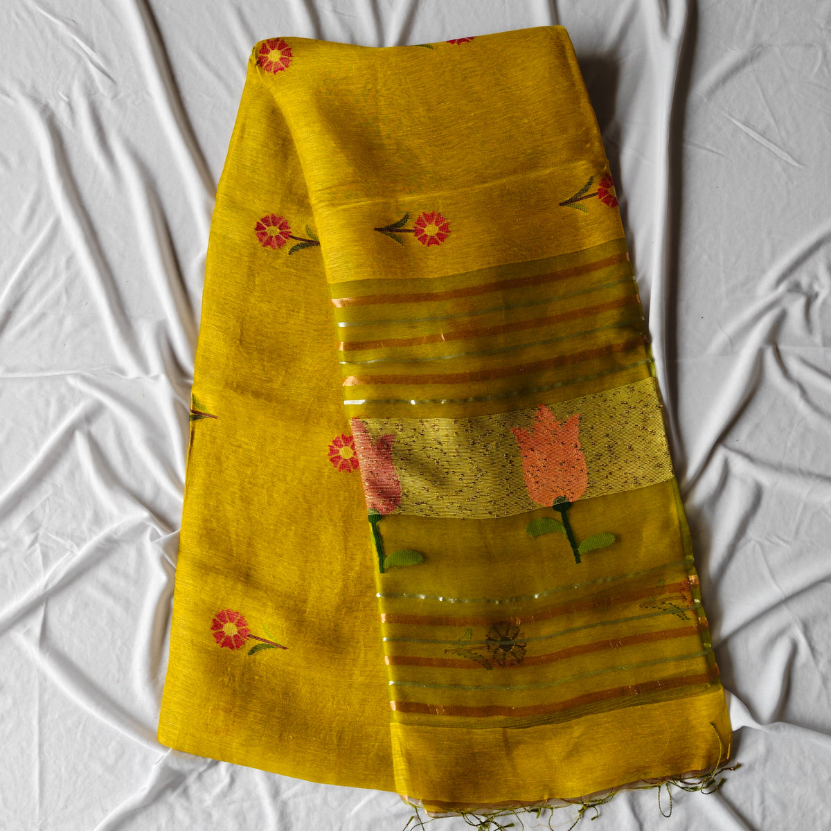 Tissue Muslin Silk Linen Saree with Zari Lines and Tulip Motifs