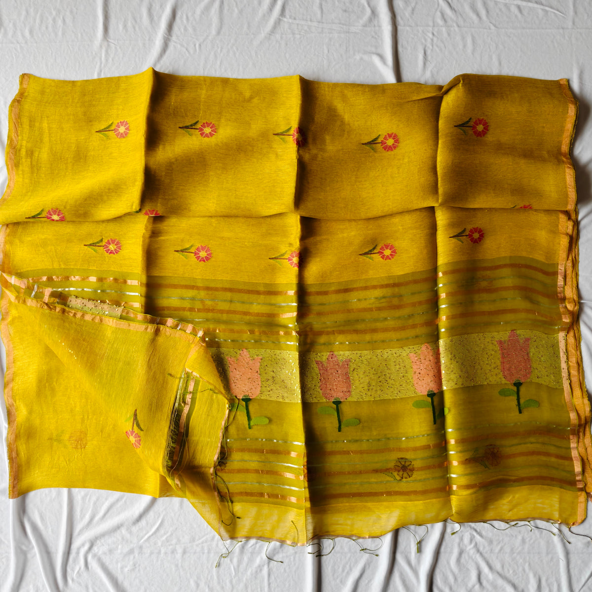 Tissue Muslin Silk Linen Saree with Zari Lines and Tulip Motifs