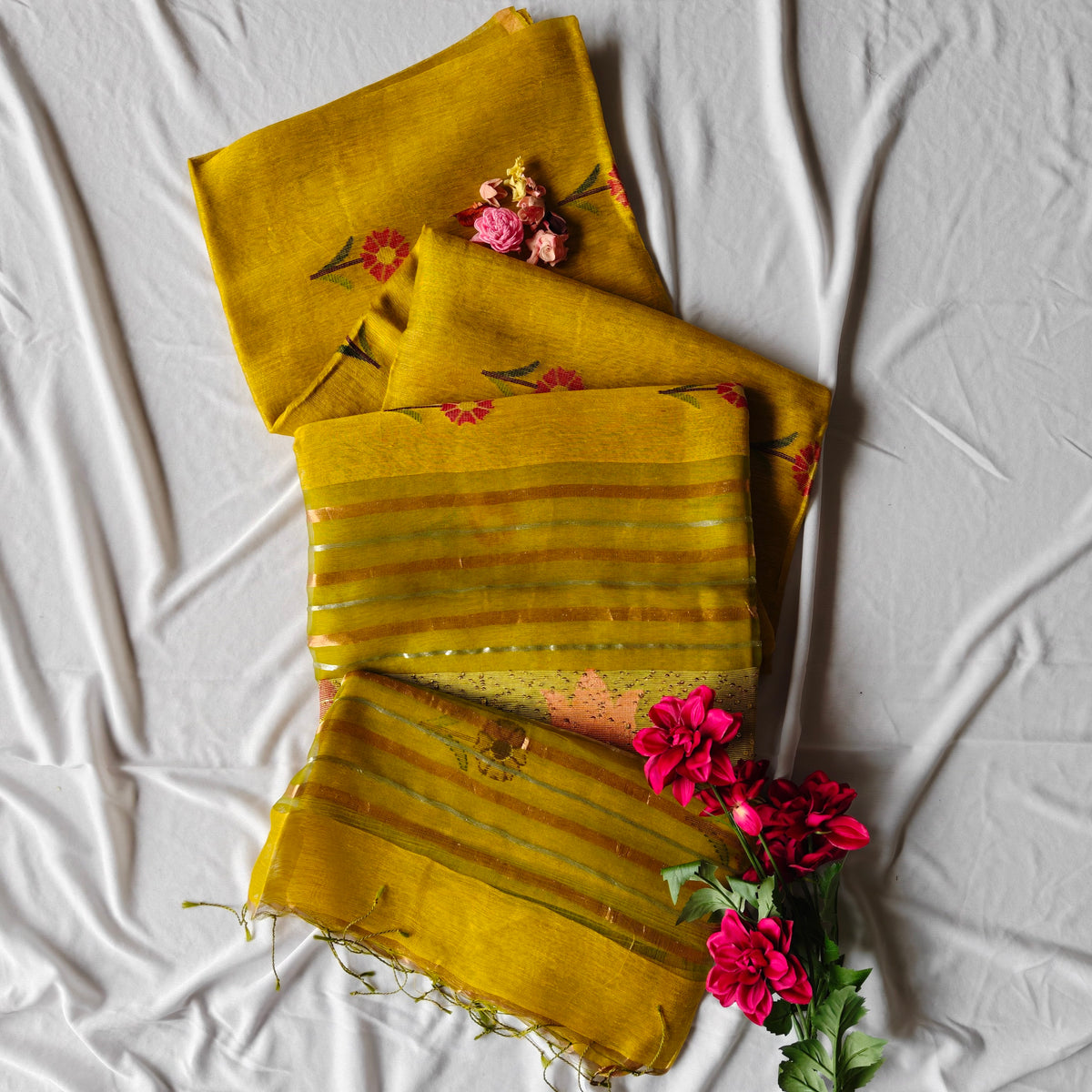 Tissue Muslin Silk Linen Saree with Zari Lines and Tulip Motifs